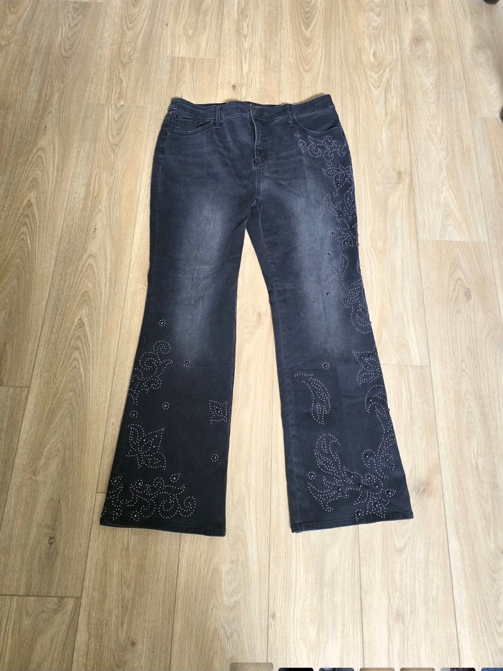 Chico's So Slimming Girlfriend Black Metallic Studded Embellished Flared Jeans